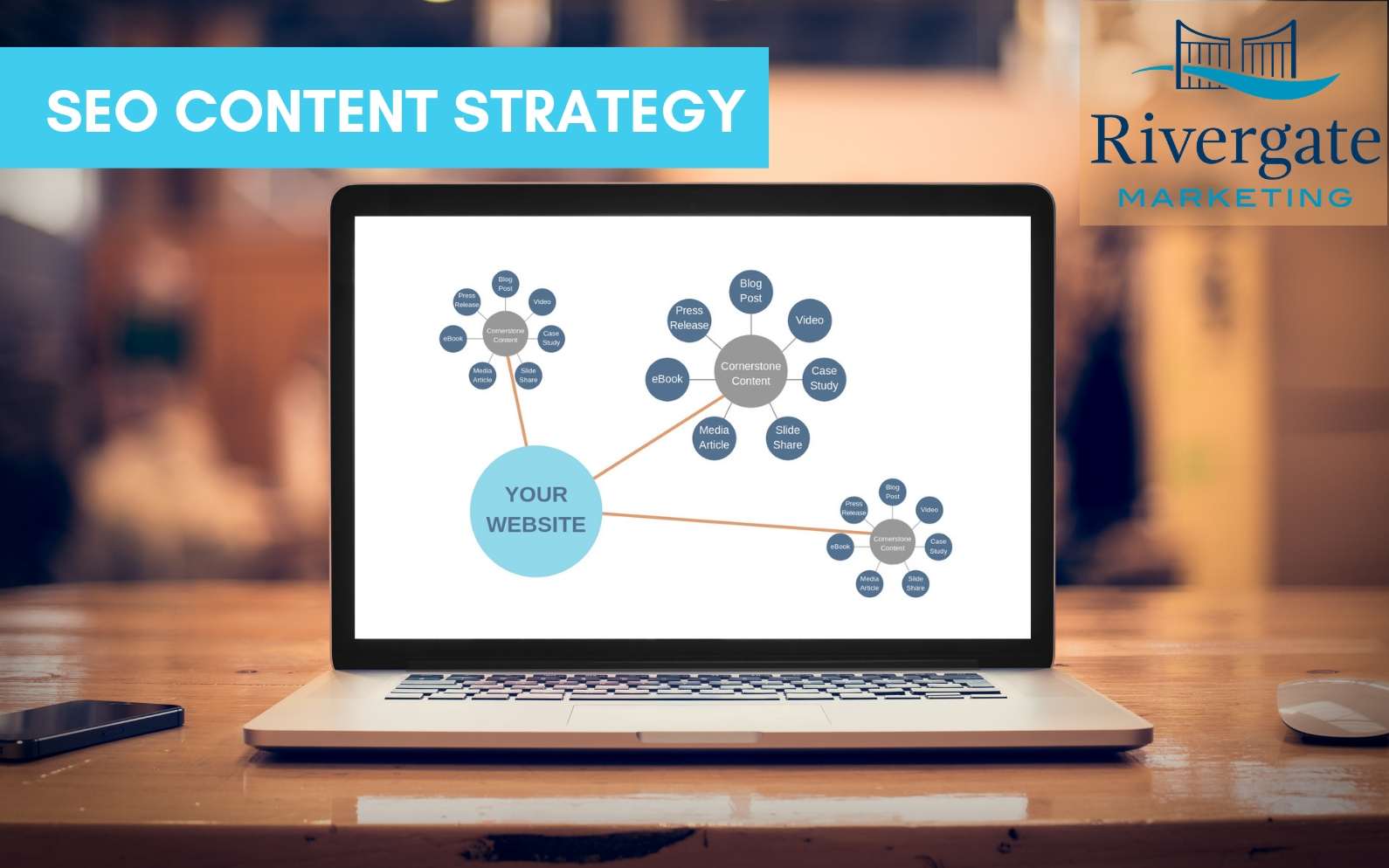 SEO cornerstone content graphic in a laptop screen with Rivergate marketing logo