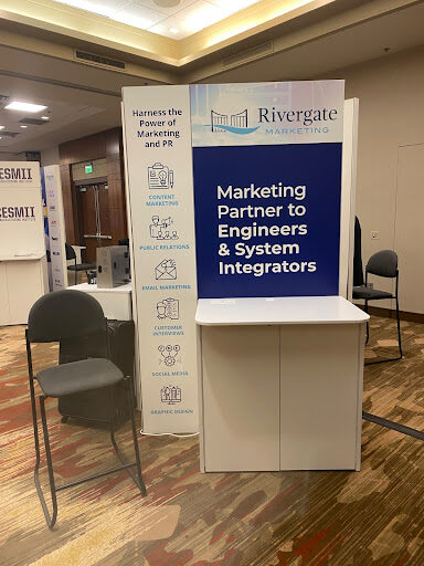 The Rivergate Marketing trade show booth, designed by Lauren